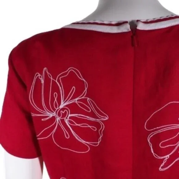 Talbots Dress Womens Size 4 Linen Blend Asian Floral Short Sleeve Lined Red Whit - Picture 6 of 11